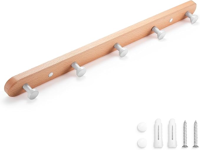 Attache murale avec Crochet rond Blanc et support Bois