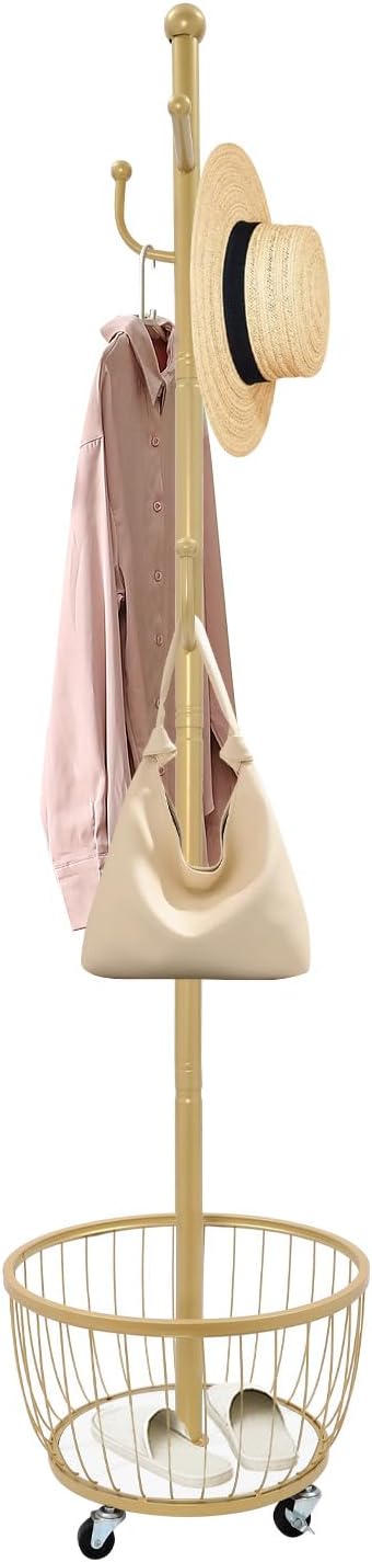 Porte manteau sur roulette avec panier Dorée en Acier & 6 crochets