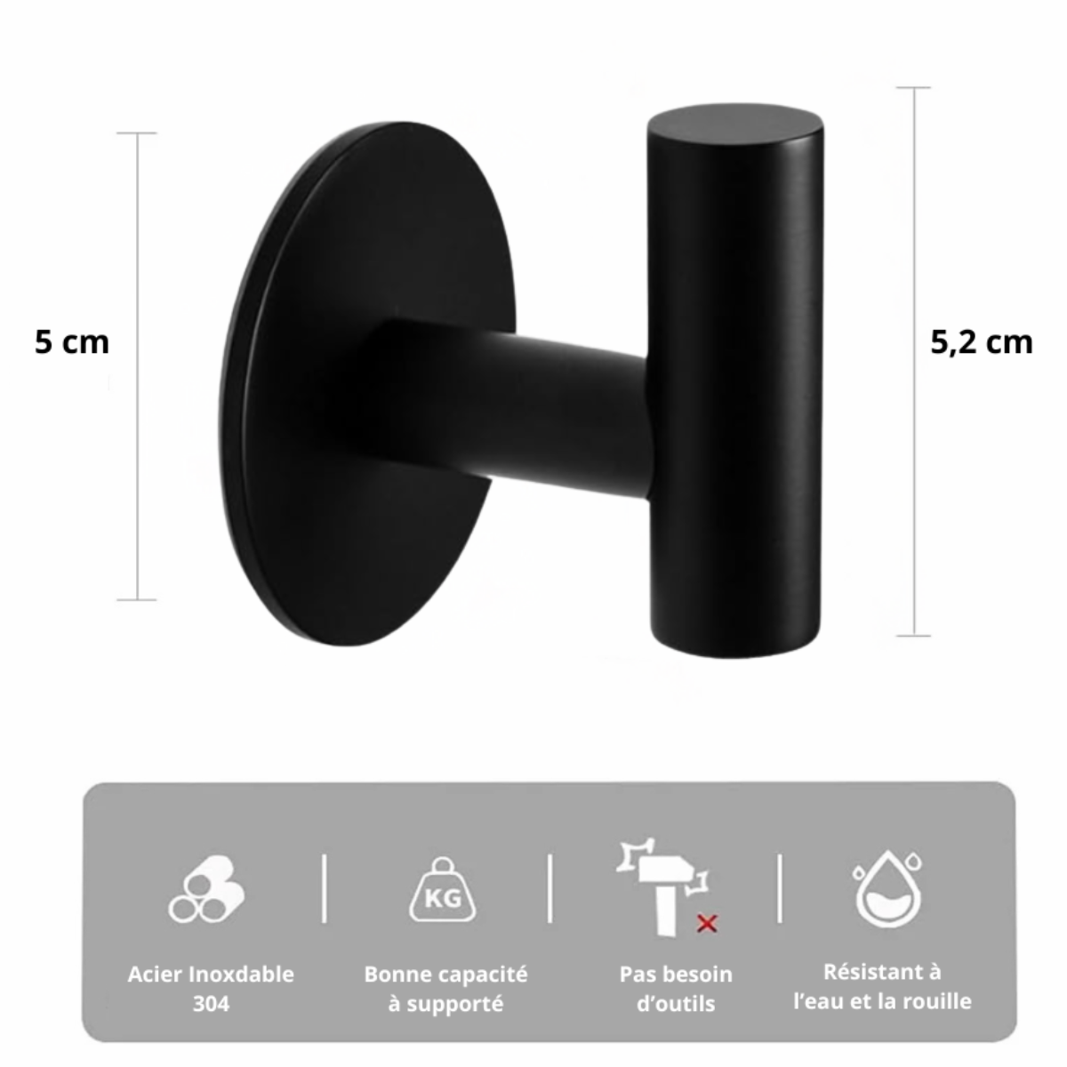 Patère murale adhésive noire – acier inoxydable, fixation facile