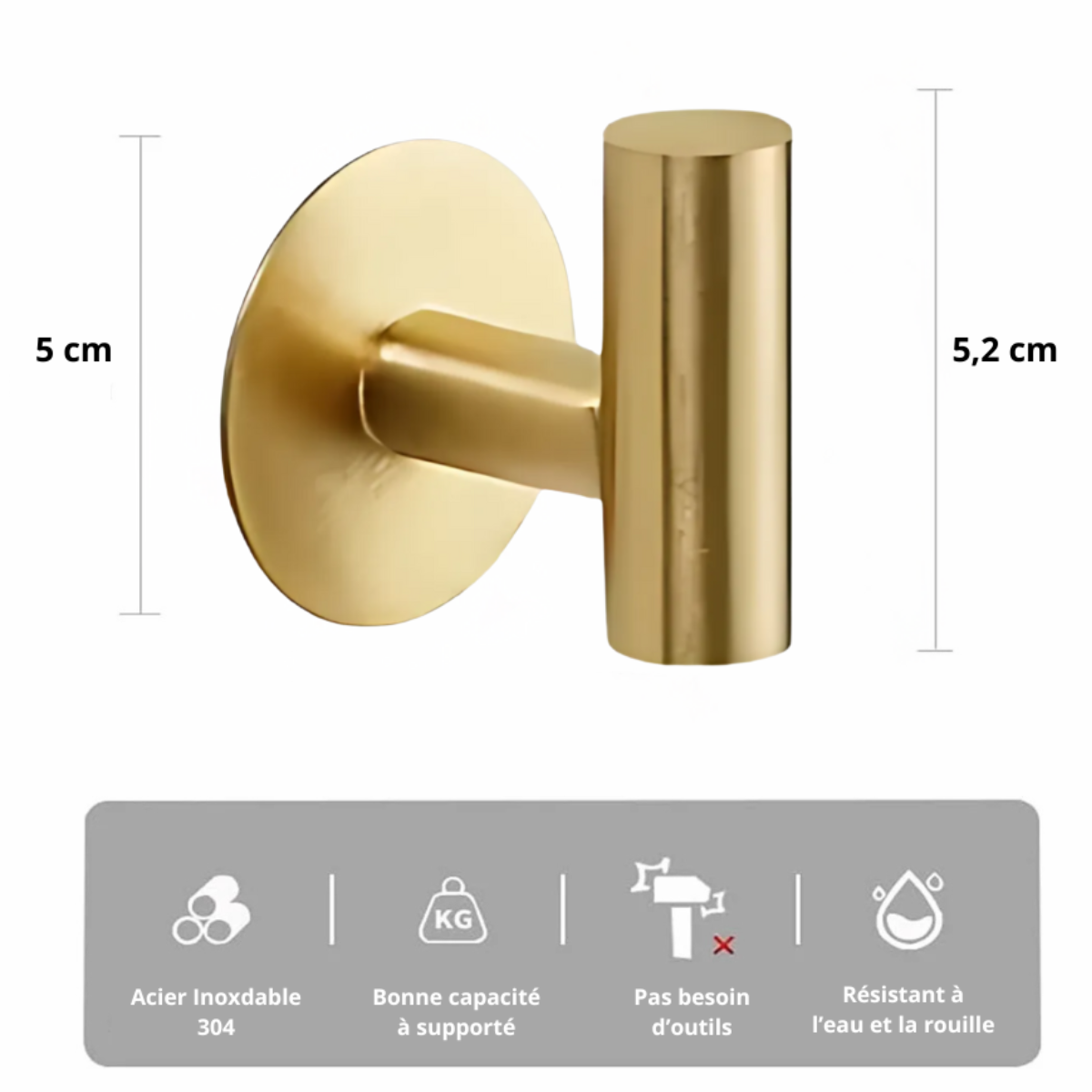 Set de 2 Accroche Mural Adhésive Dorée avec support Rond en Acier