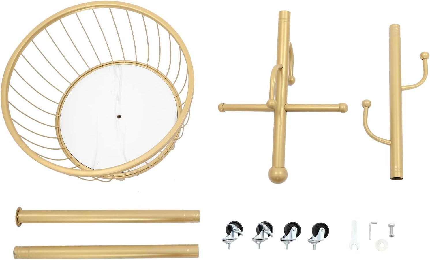 Porte manteau sur roulette avec panier Dorée en Acier & 6 crochets