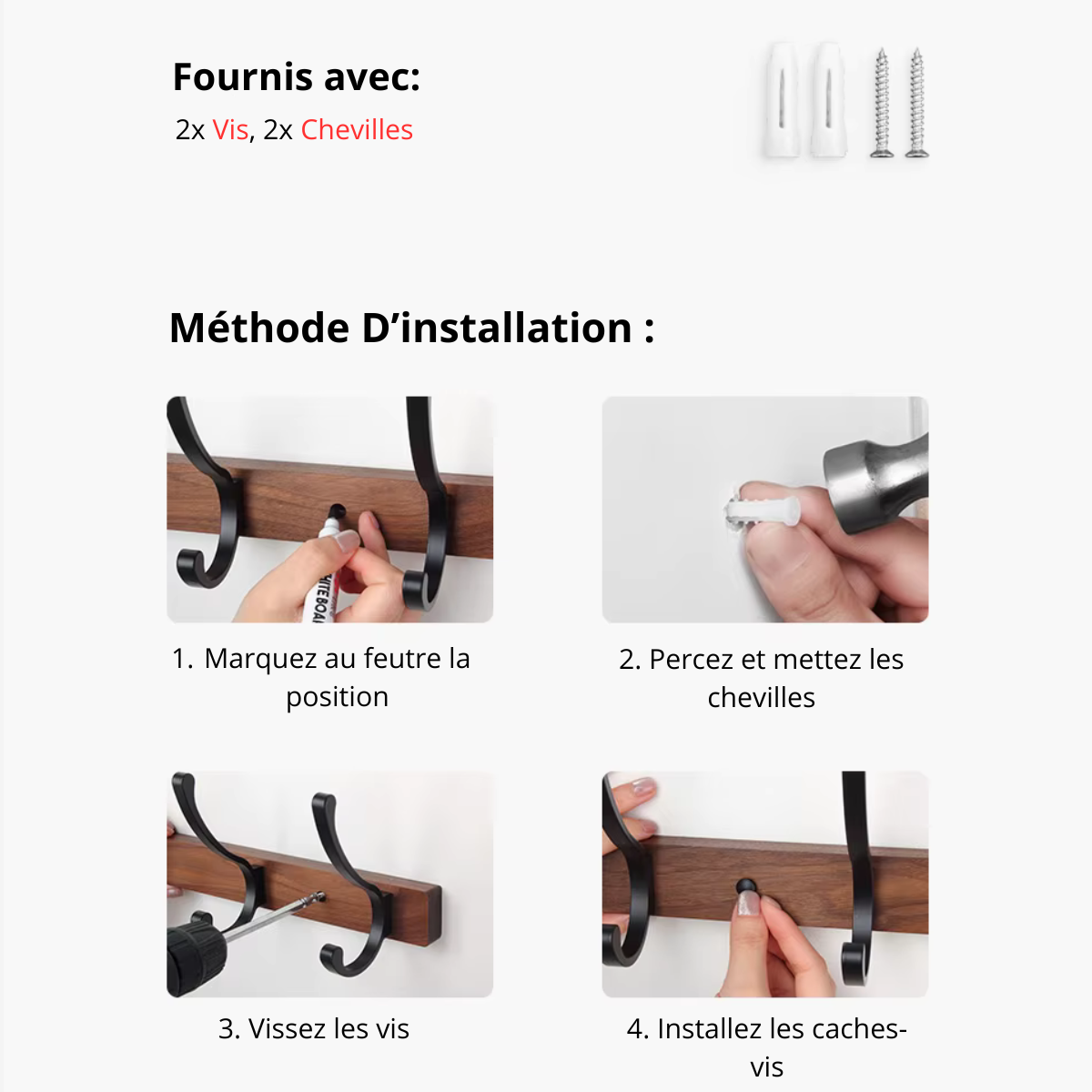 Accroche Mural en Bois avec 5 Crochet Rond