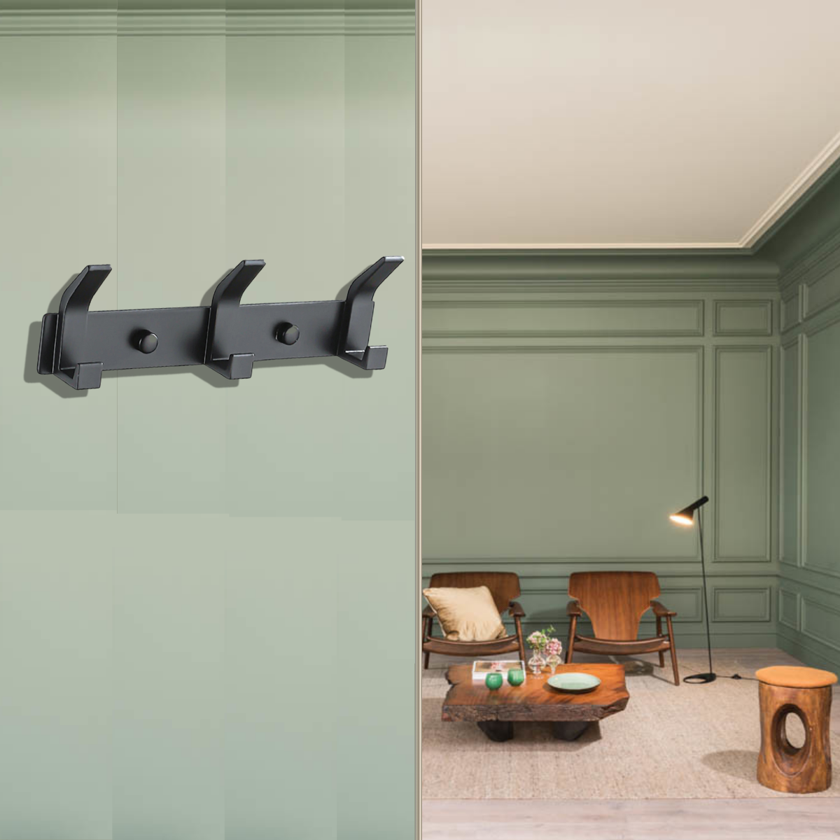 Support Mural Noir Simple & Epuré avec 3 Crochet Classique