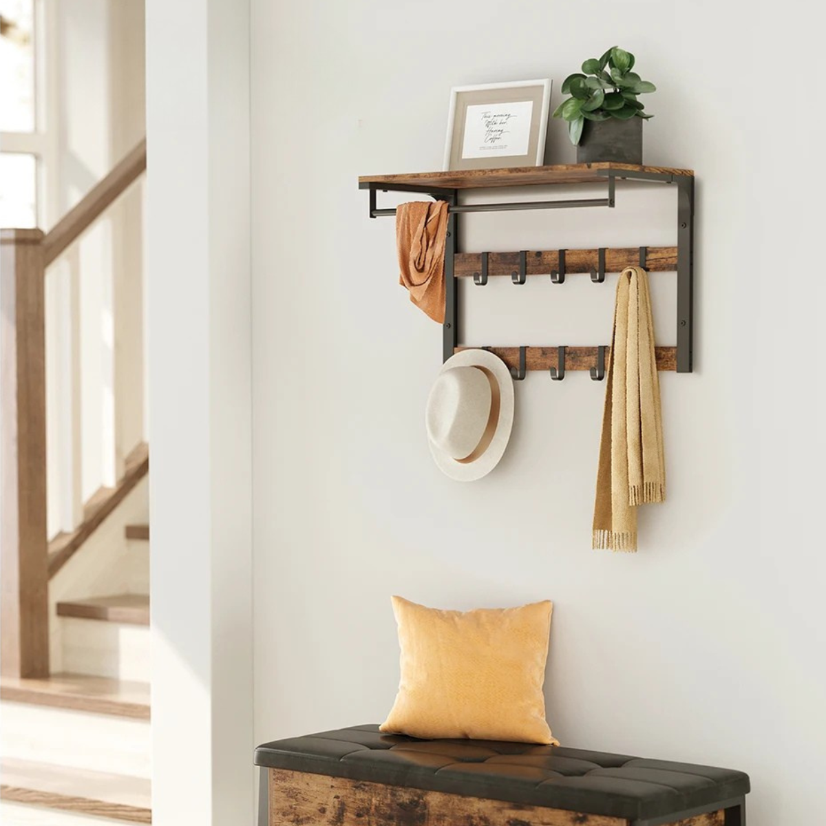 Rangement Mural en Bois Vintage Avec 10 Emplacement & Barre