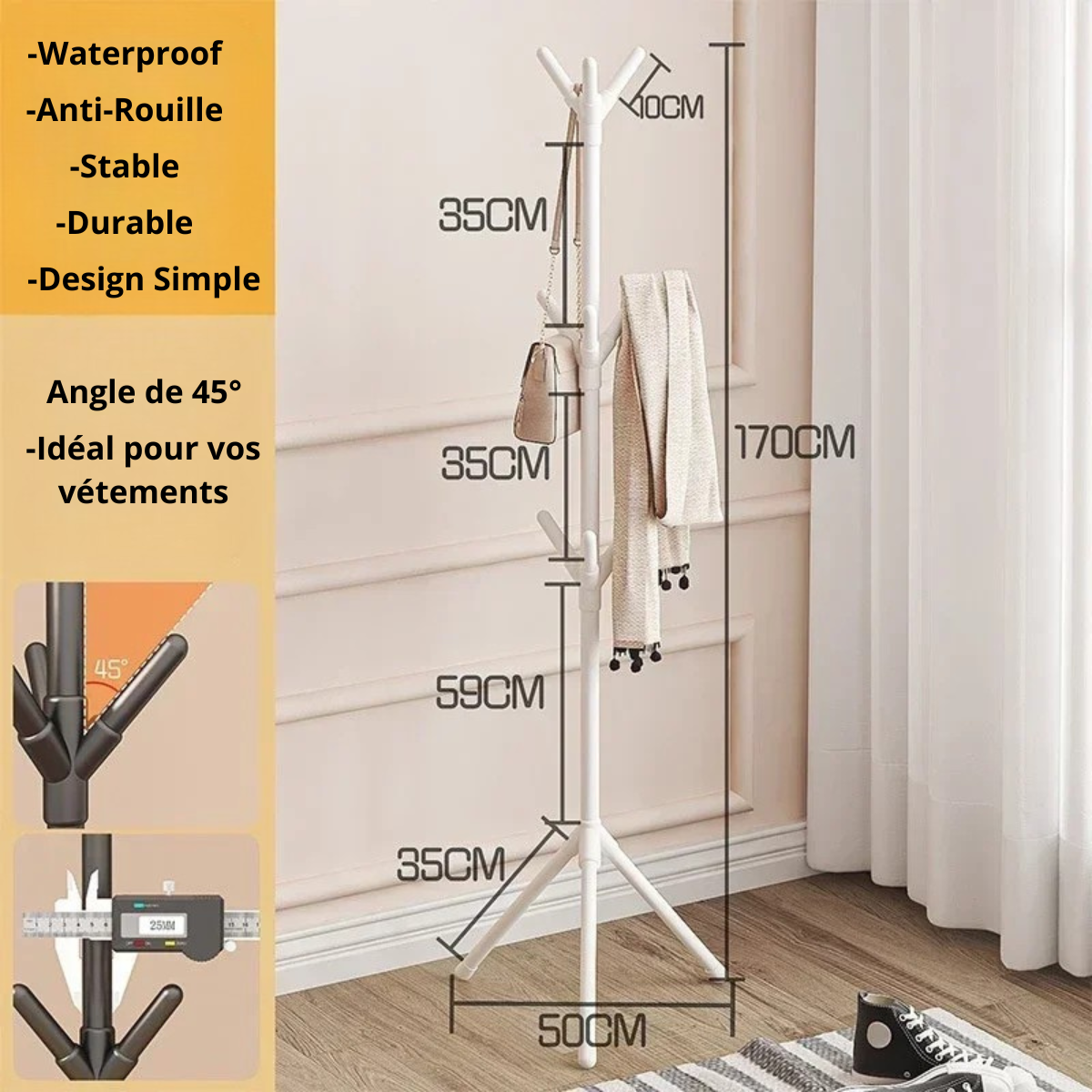 Porte Manteau Sur 3 Pied "Arbre Blanc" 9 Accroche Solide