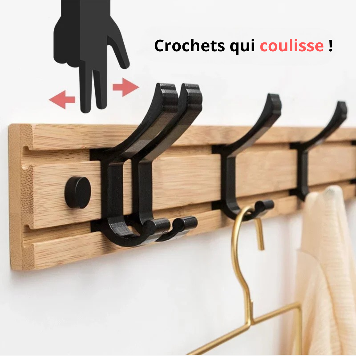 Porte-manteau mural avec 3 crochets glissants noirs sur support en bois nordique