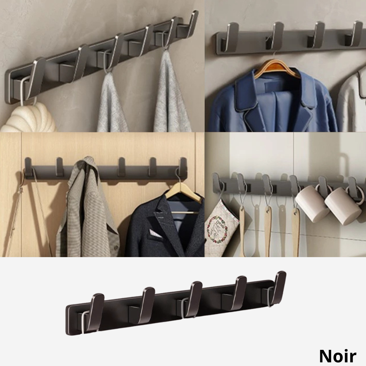Crochet porte-manteau en métal noir avec 4 crochets de capacité
