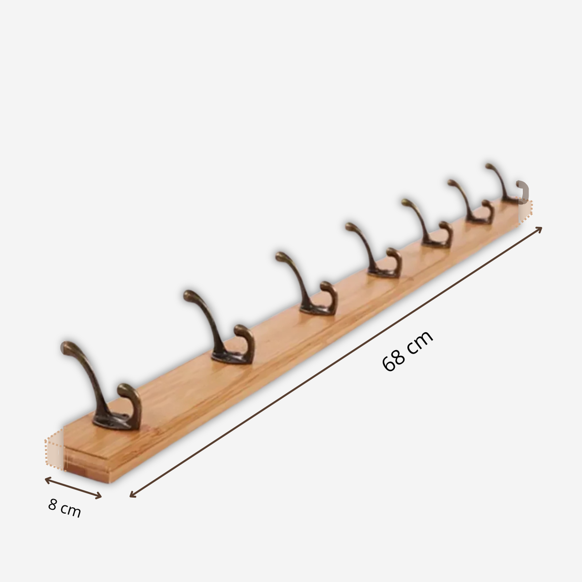 Grande Barre Mural en Bois Naturel avec 7 crochet en Cuivre