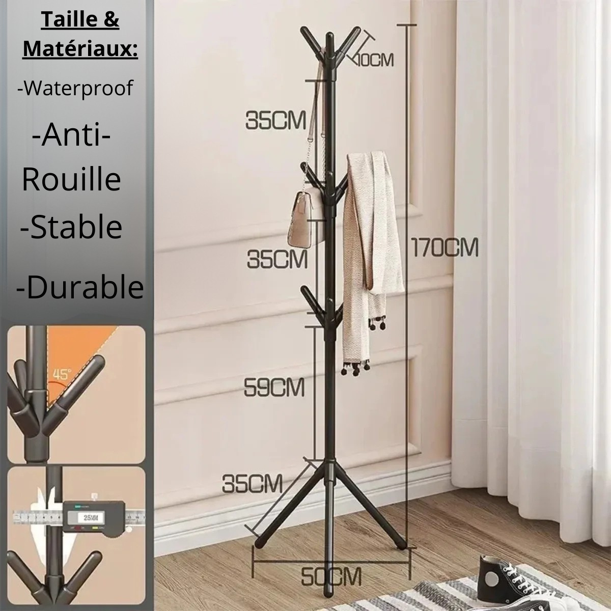 Porte-Manteau sur pied Noir en Plastique & Métal avec 9 rangement