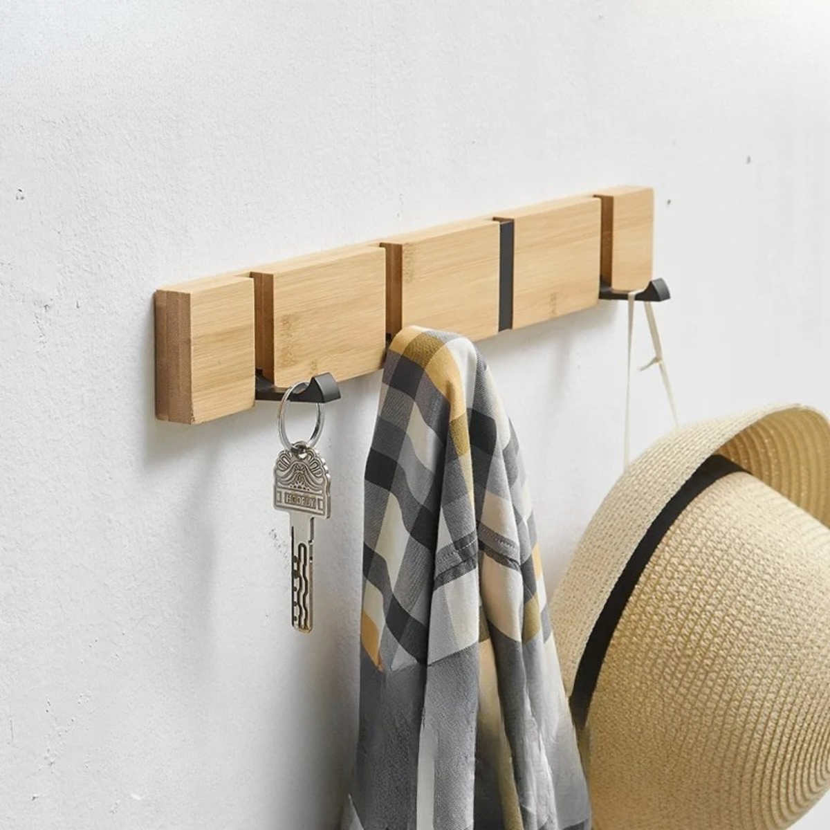 Patère mural Naturel avec 4 crochet en métal & bois