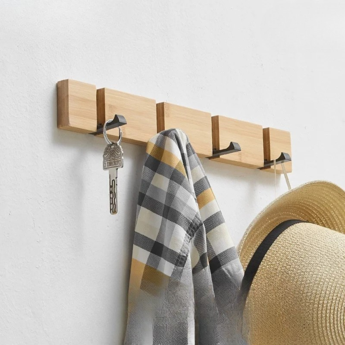 Patère mural Naturel avec 4 crochet en métal & bois