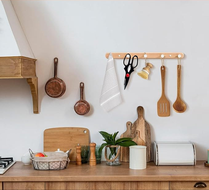 Attache murale avec Crochet rond Blanc et support Bois