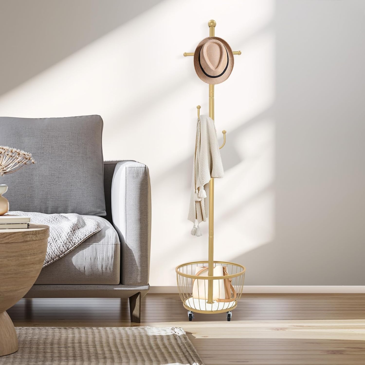 Porte manteau sur roulette avec panier Dorée en Acier & 6 crochets