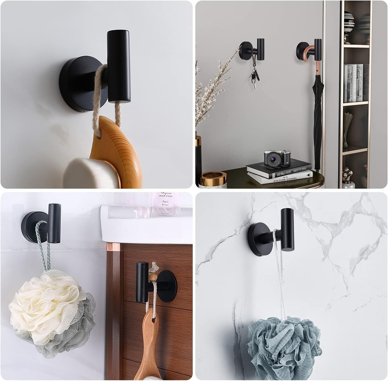 Patère murale adhésive noire – acier inoxydable, fixation facile