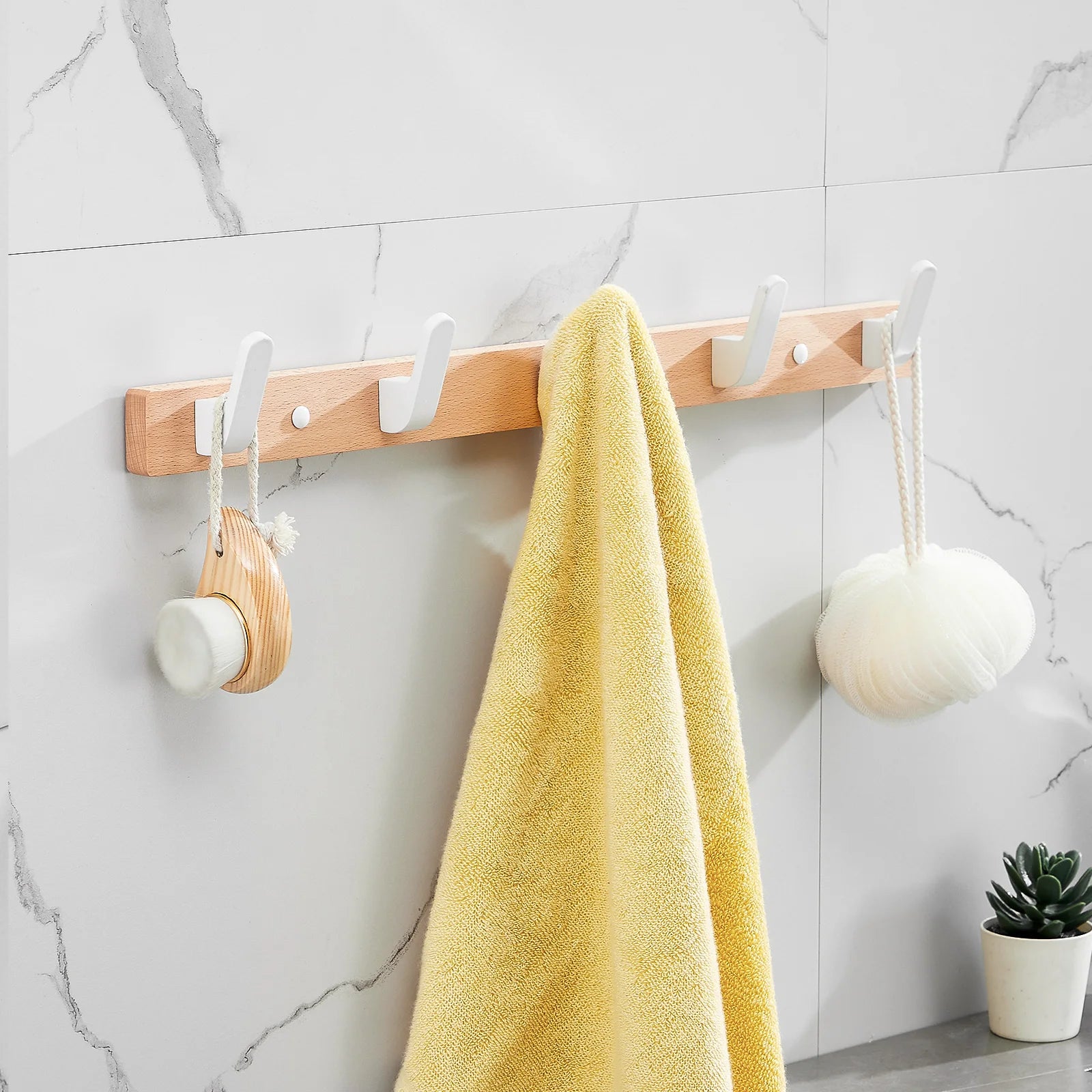 Porte manteau avec support murale en Bois avec 5 crochet Blanc Stylé