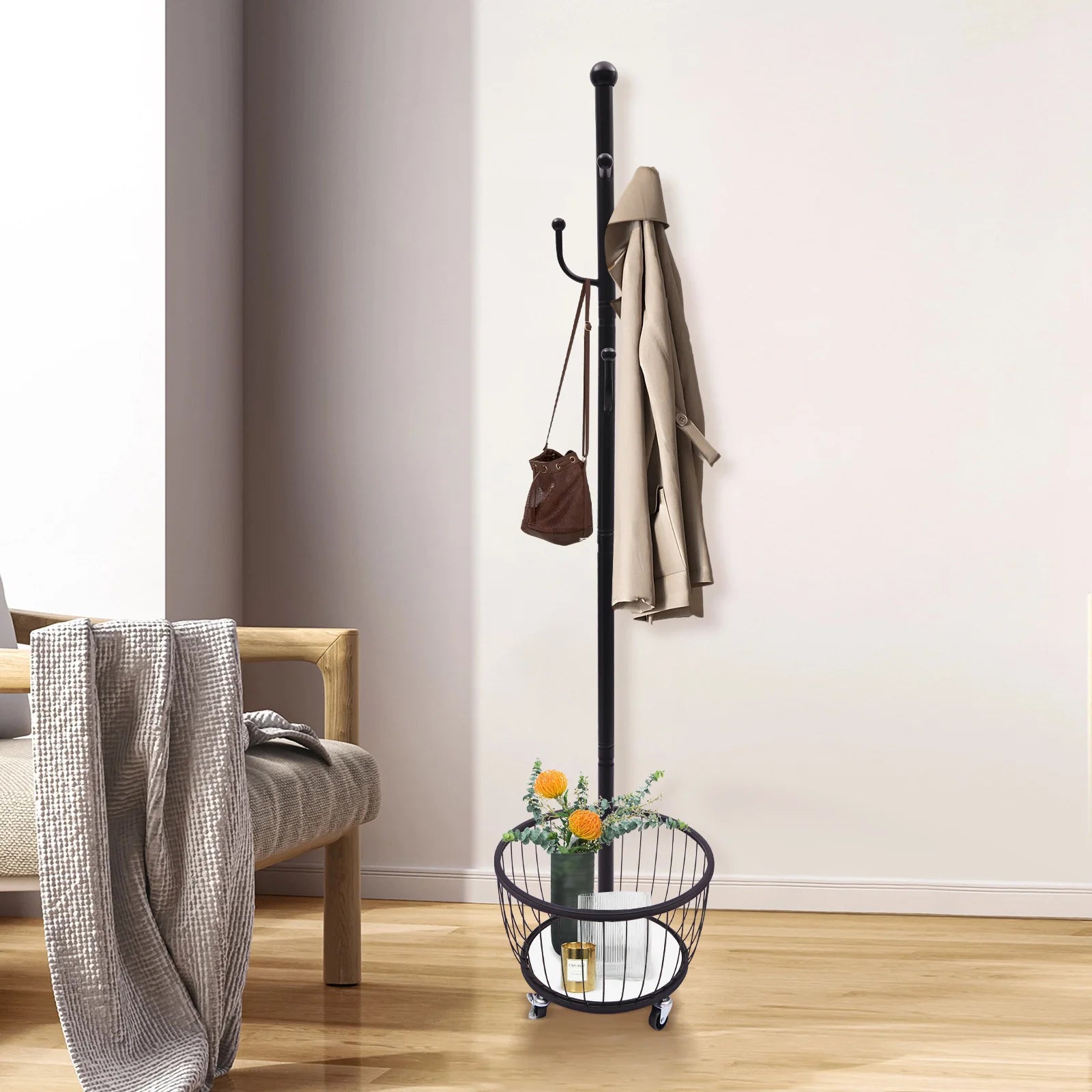 Porte-manteau Noir Design "Cactus Sombre" sur Roulettes avec 6 Accroche