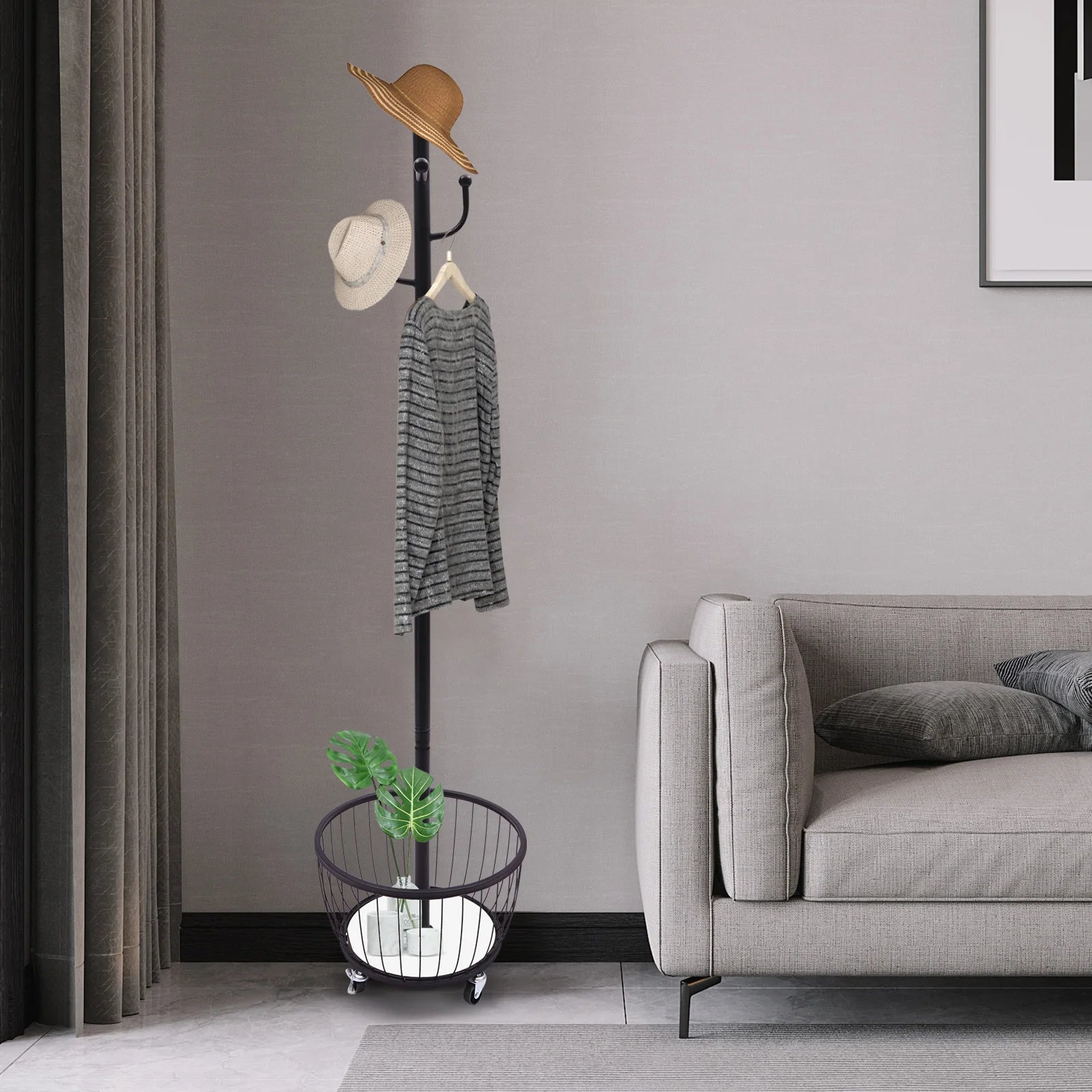 Porte-manteau Noir Design "Cactus Sombre" sur Roulettes avec 6 Accroche