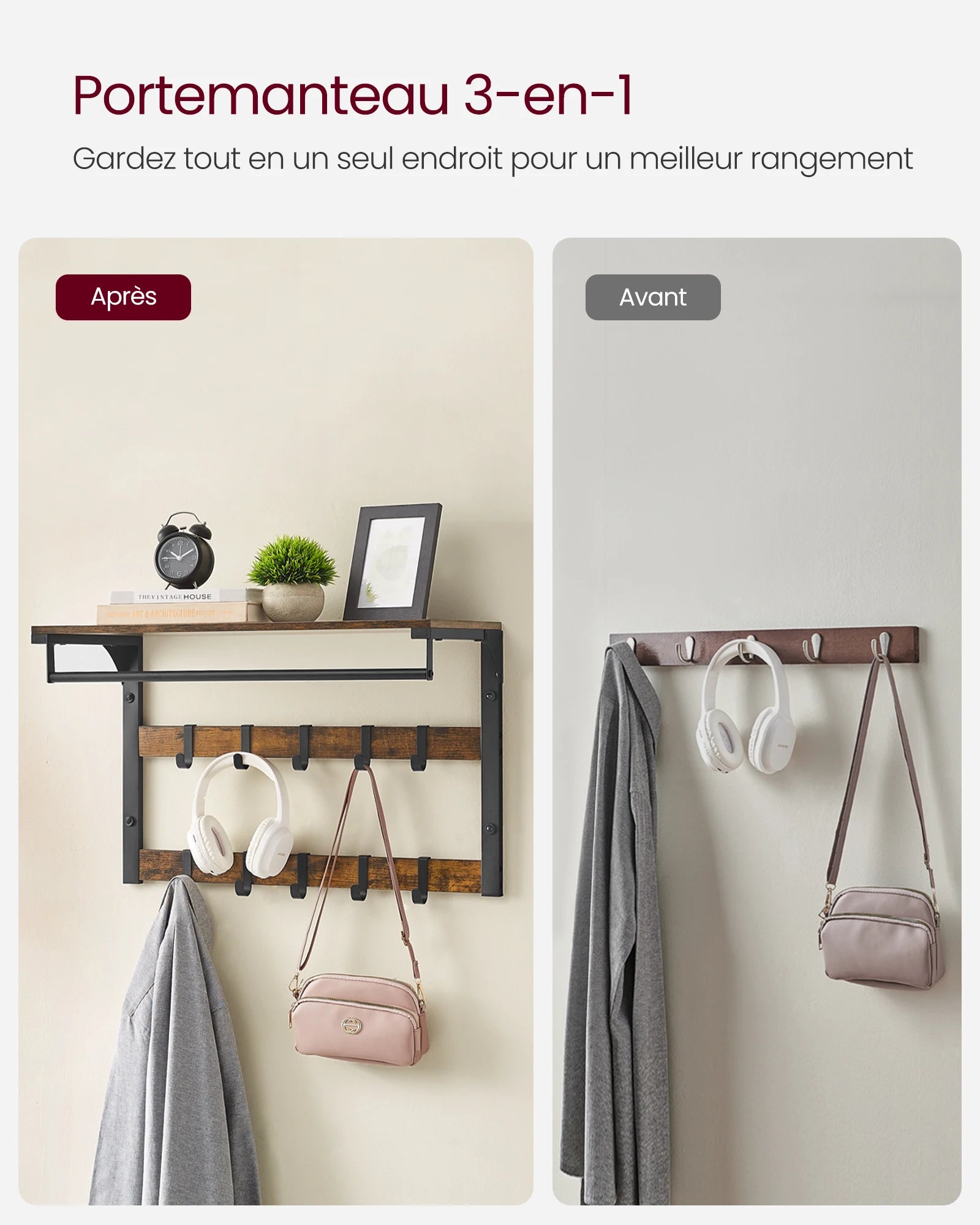 Rangement Mural en Bois Vintage Avec 10 Emplacement & Barre