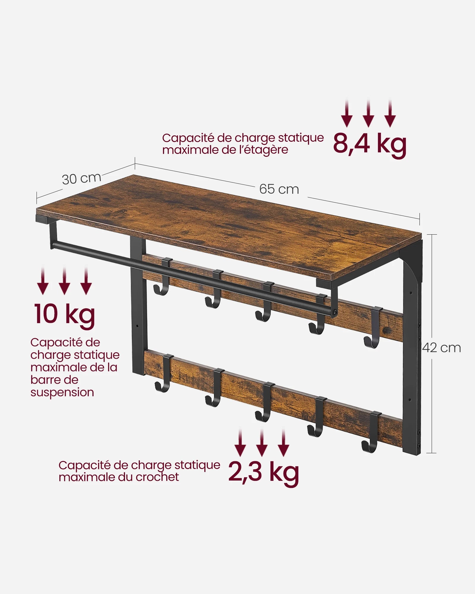 Rangement Mural en Bois Vintage Avec 10 Emplacement & Barre