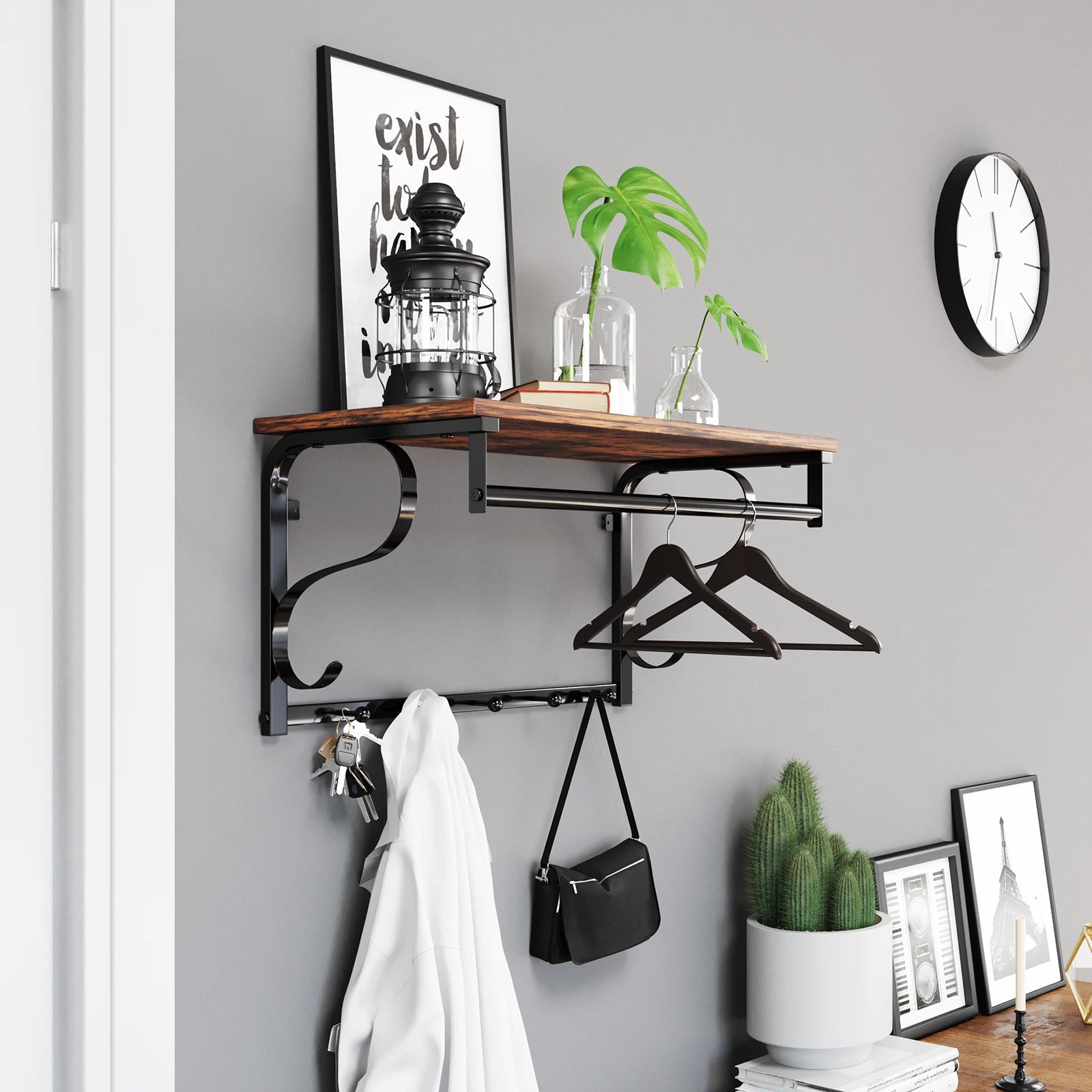 Etagère Mural/Porte Manteau Mural en Bois Vintage Vernis et 5 Accroche Arrondi Noir avec Barre pour cintre/serviette