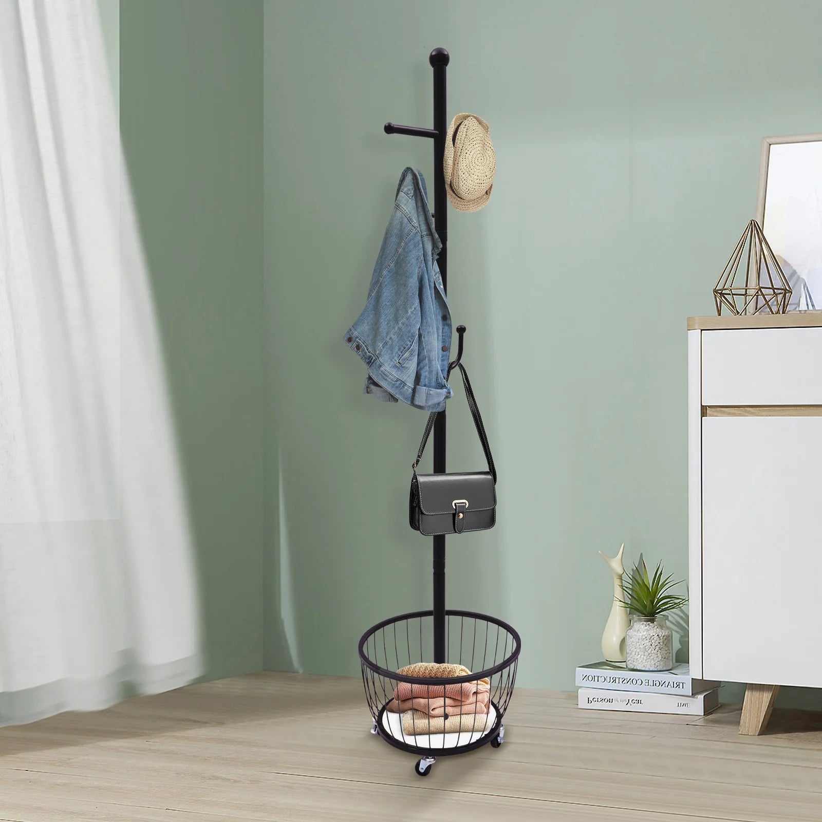 Porte-manteau Noir Design "Cactus Sombre" sur Roulettes avec 6 Accroche