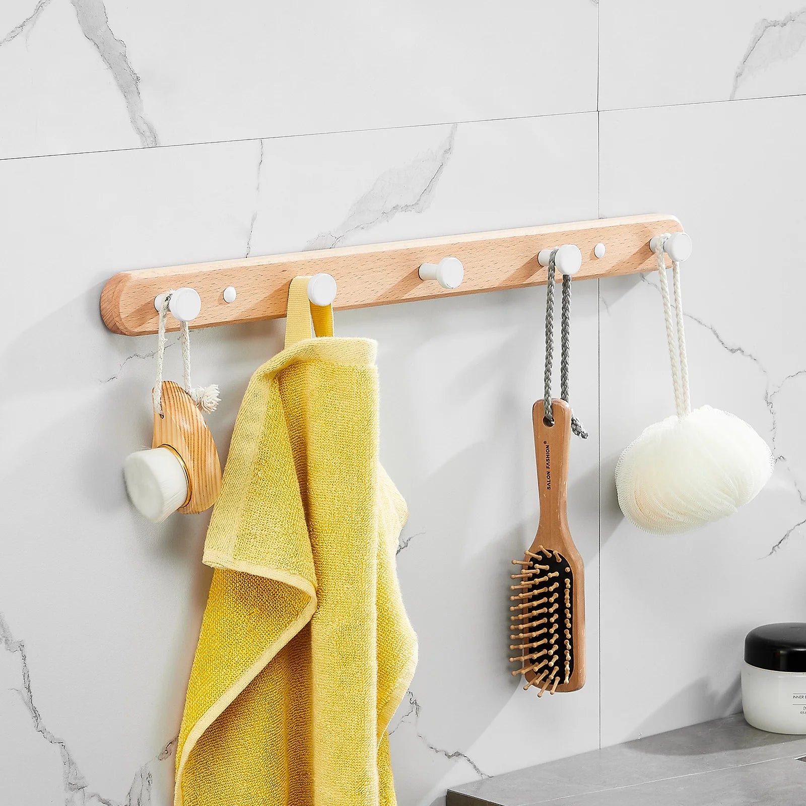 Attache murale avec Crochet rond Blanc et support Bois