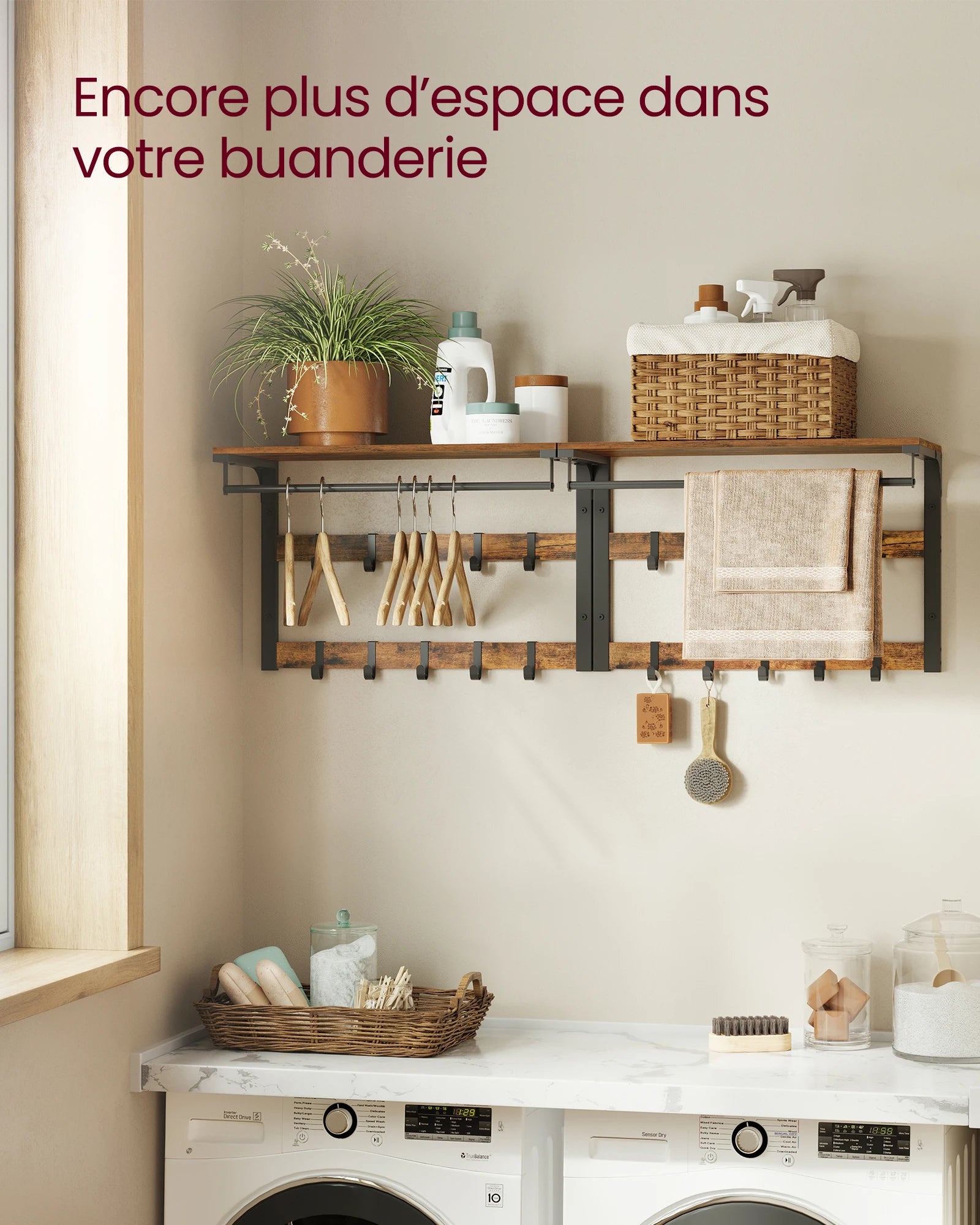 Rangement Mural en Bois Vintage Avec 10 Emplacement & Barre